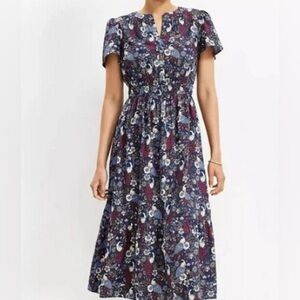 Ann Taylor LOFT Floral Peacock Dress Women Large Midi Short Sleeve flowy